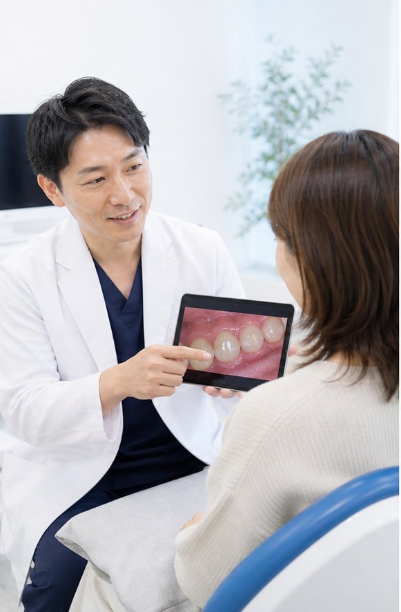 口腔内カメラで状態を一緒に確認する様子